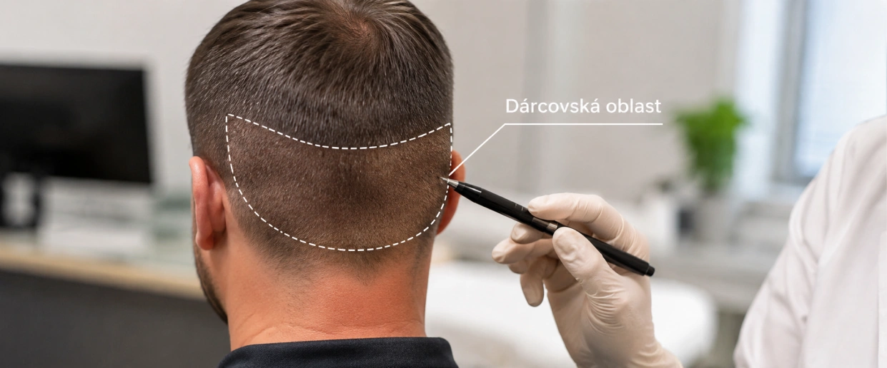 Zdravotnický pracovník ukazuje perem na dárcovskou oblast na zadní straně hlavy pacienta